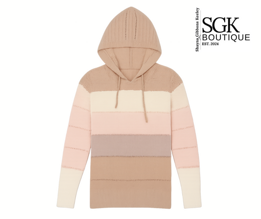Color-blocked hoodie with a brand logo on a white background