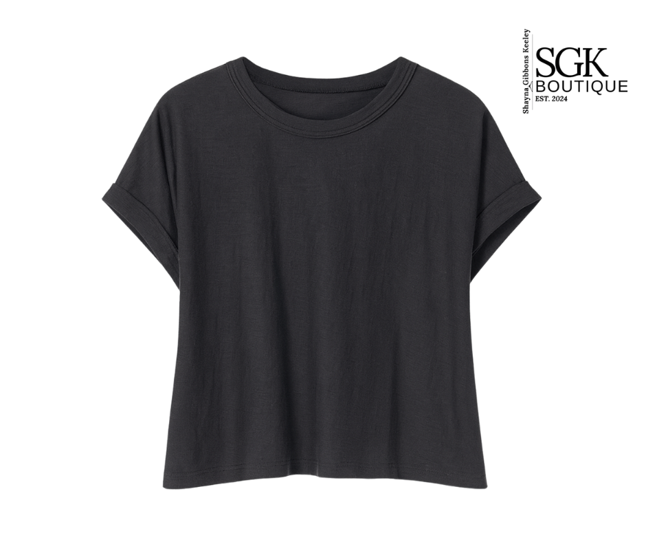Black t-shirt on a white background with SGK Boutique logo.