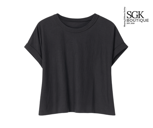 Black t-shirt on a white background with SGK Boutique logo.