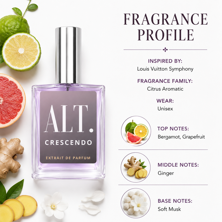 A perfume bottle labeled ALT. CRESCENDO with a silver cap and pale lavender liquid, shown beside a fragrance profile graphic with citrus slices, bergamot, grapefruit, ginger, and soft musk notes.