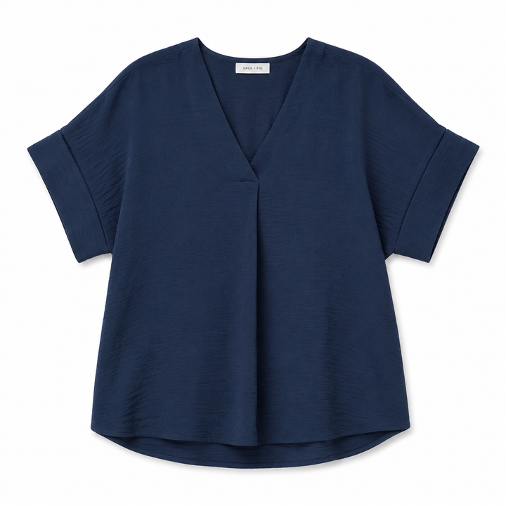 A navy blue short-sleeve top with a V-neckline and textured fabric, displayed flat against a white background.