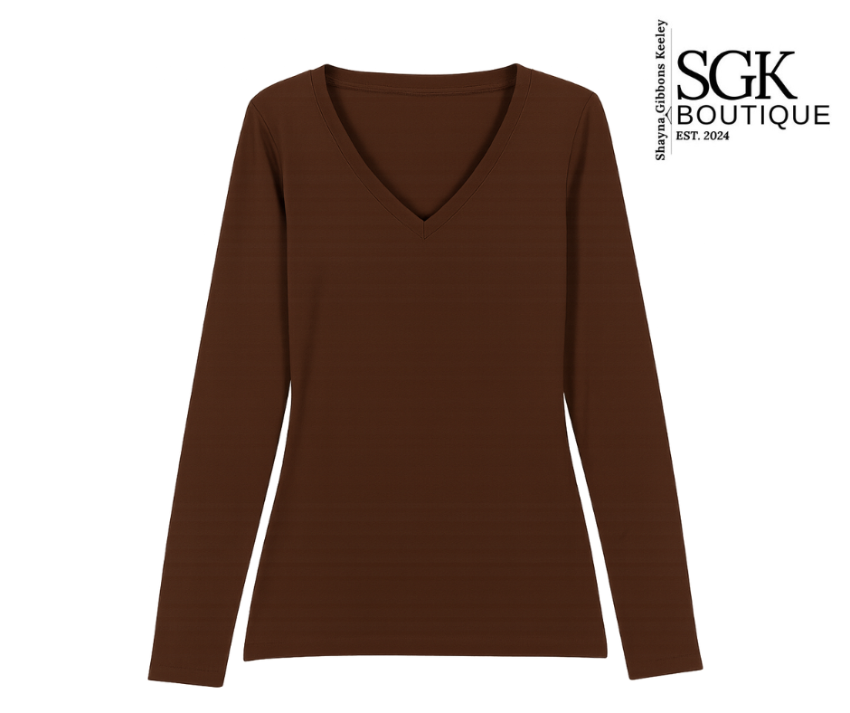 Brown long-sleeve top on a white background with SGK Boutique logo.