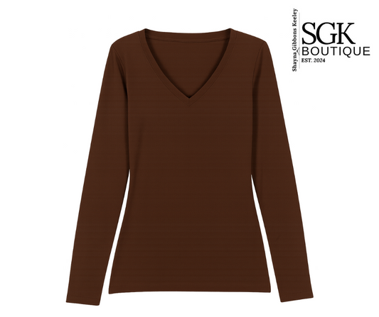 Brown long-sleeve top on a white background with SGK Boutique logo.