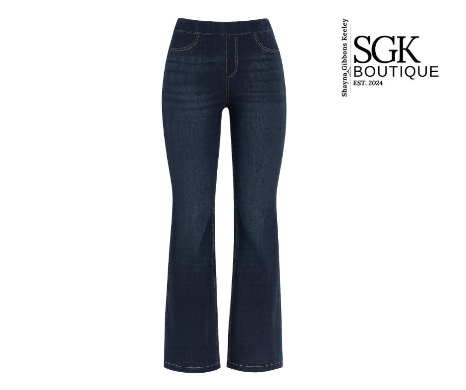 Dark blue jeans on a white background with SGK Boutique logo.