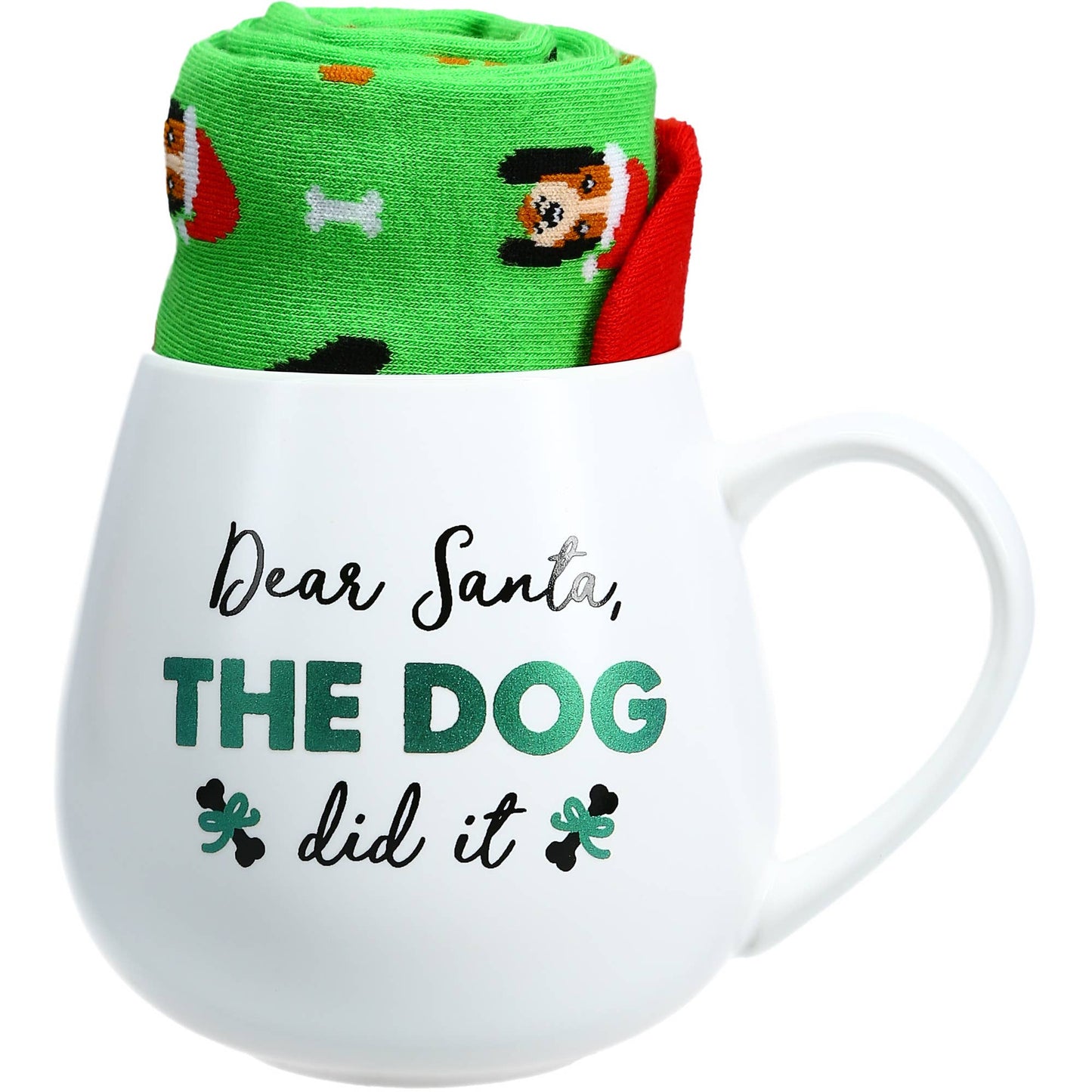 White mug with green bandana featuring dog designs and text 'Dear Santa, The Dog Did It' on a white background