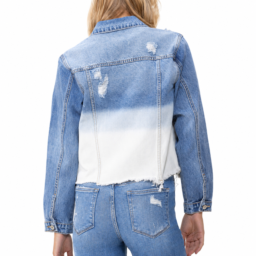 Denim jacket with gradient effect worn by a person on a white background