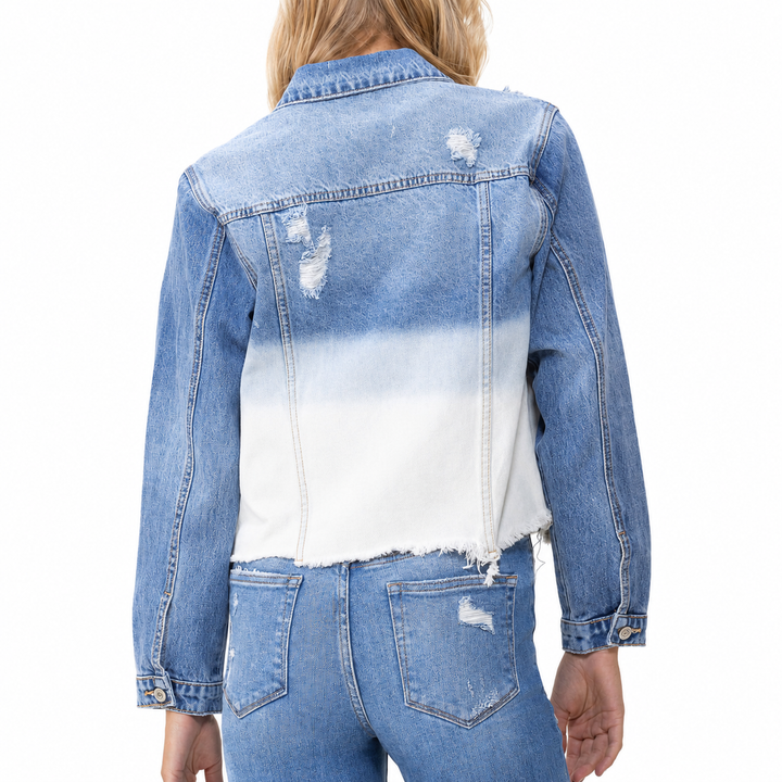 Denim jacket with gradient effect worn by a person on a white background