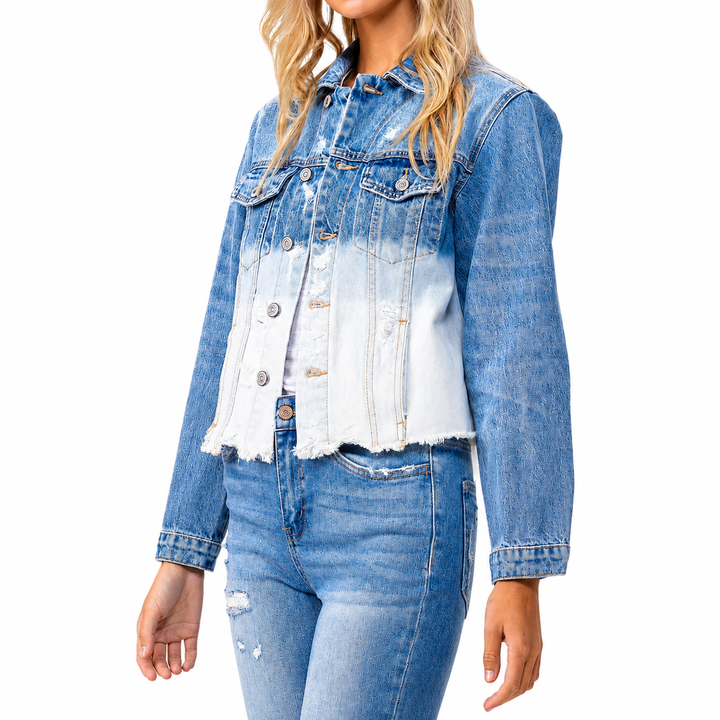 Denim jacket and jeans worn by a person on a white background