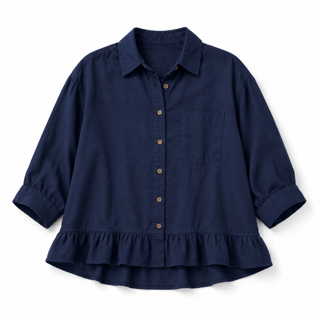 Navy blue shirt with ruffled hem on a white background