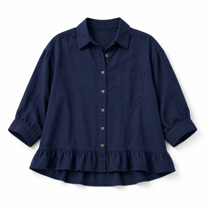 Navy blue shirt with ruffled hem on a white background
