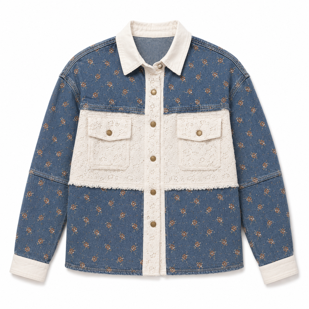 Denim jacket with white floral pattern on a white background