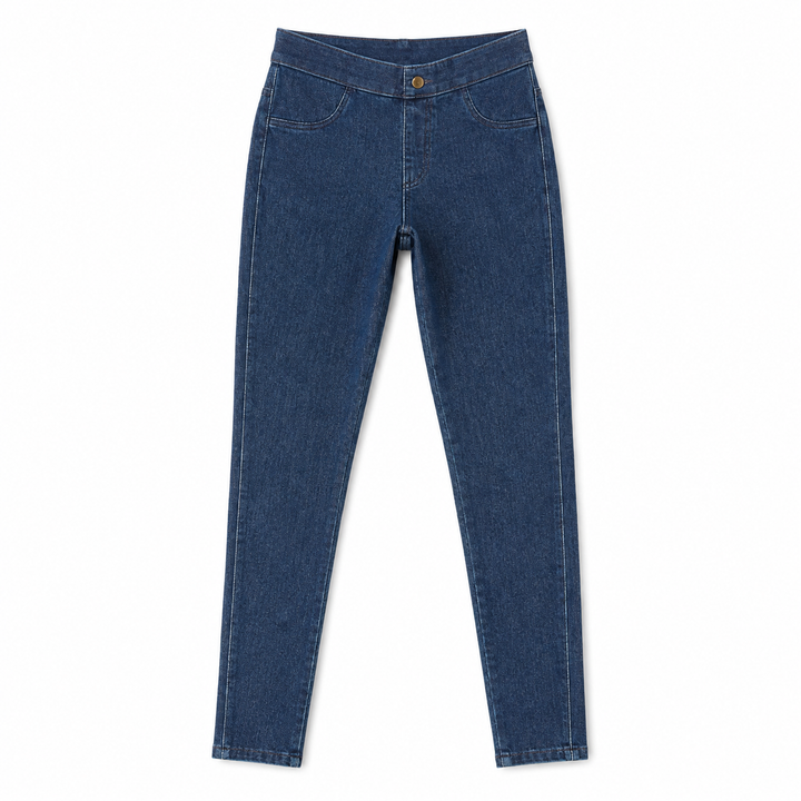 A pair of dark blue denim knit pull-on jegging shown flat against a solid white background.
