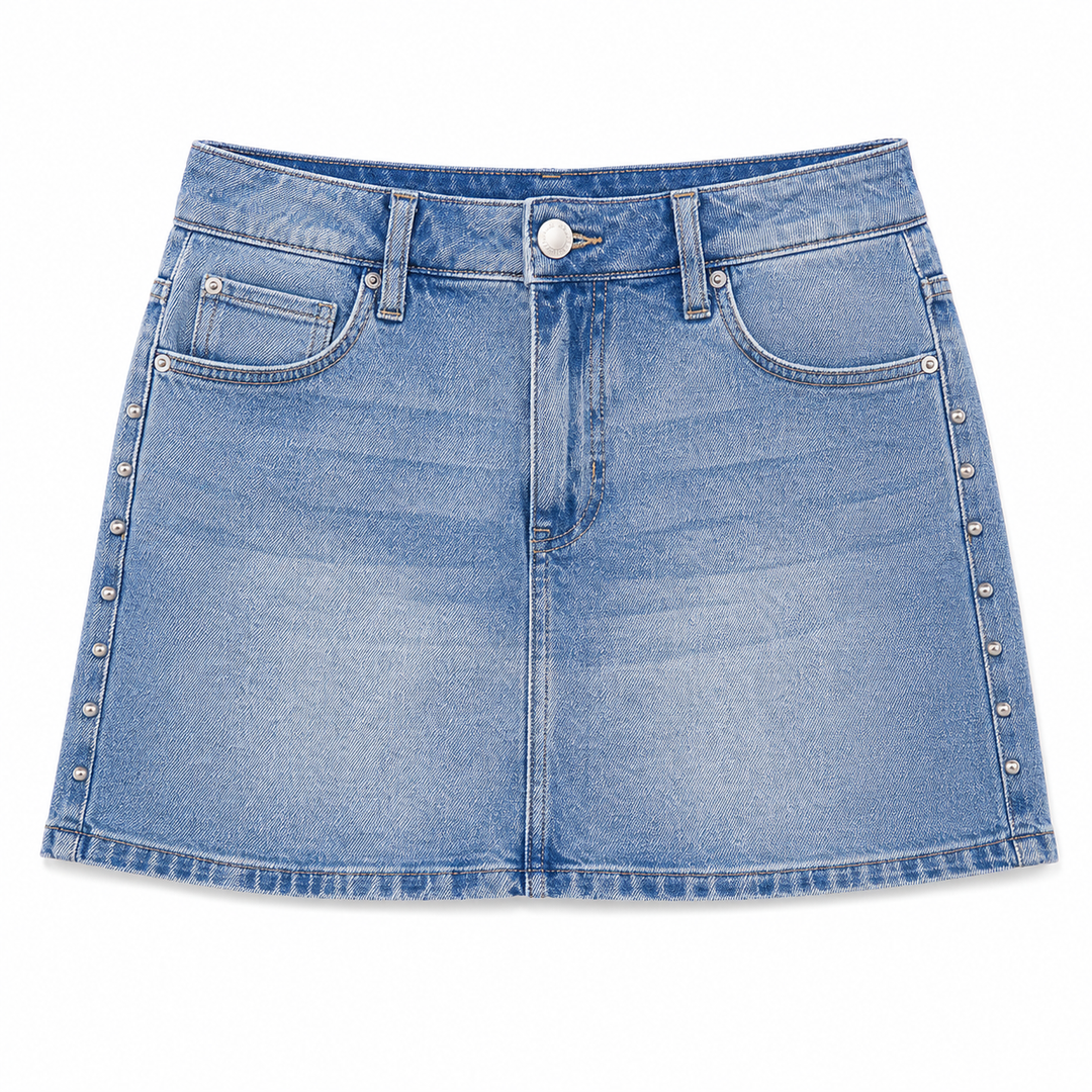 Blue denim skirt with studded details on a white background