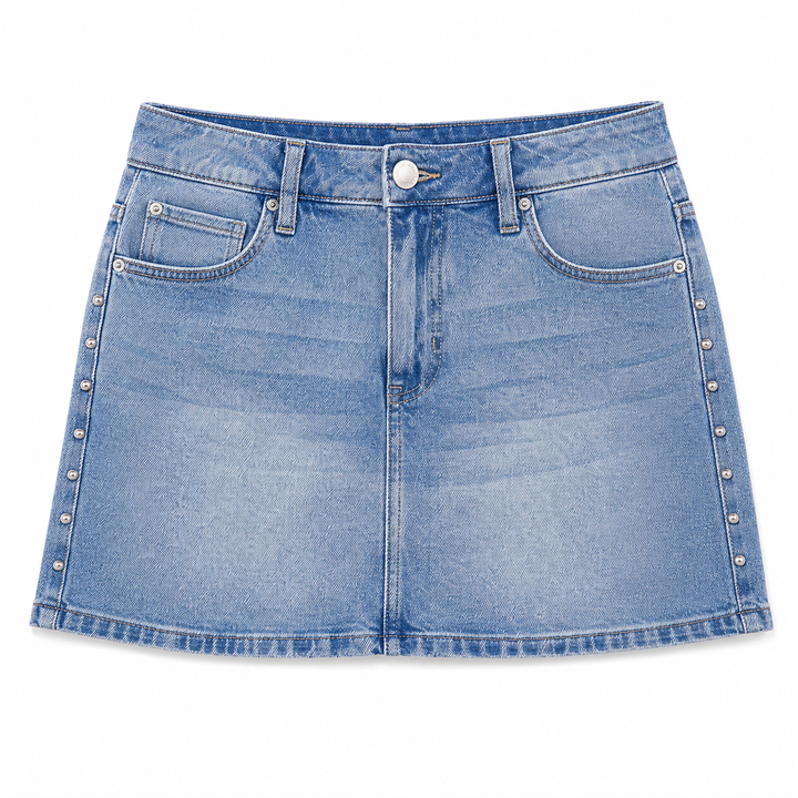 Blue denim skirt with studded details on a white background