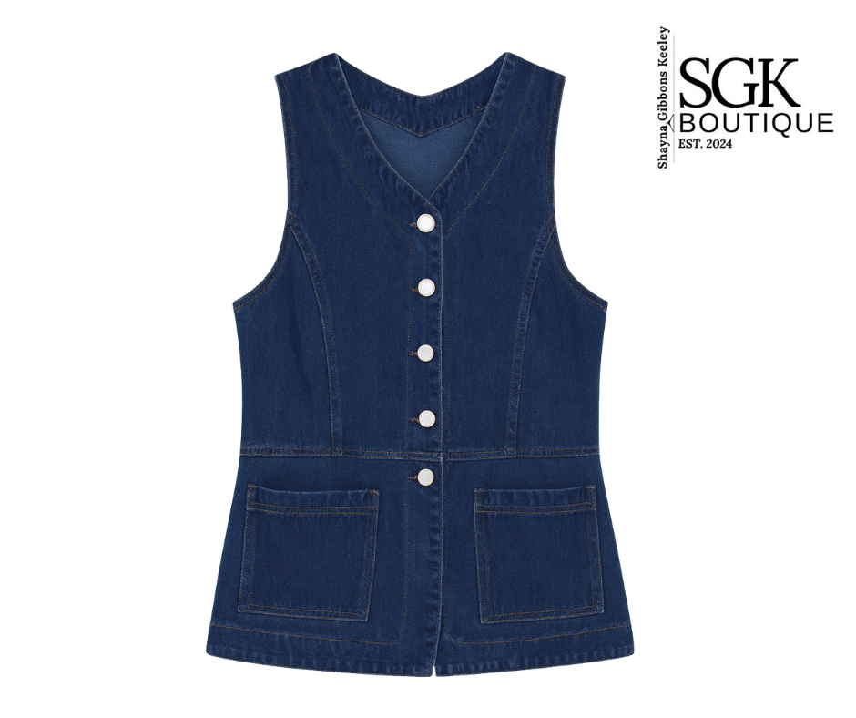 Blue denim vest with buttons on a white background, featuring the SGK Boutique logo.