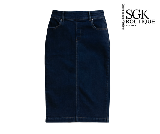 Dark blue denim skirt on a white background with SGK Boutique logo.