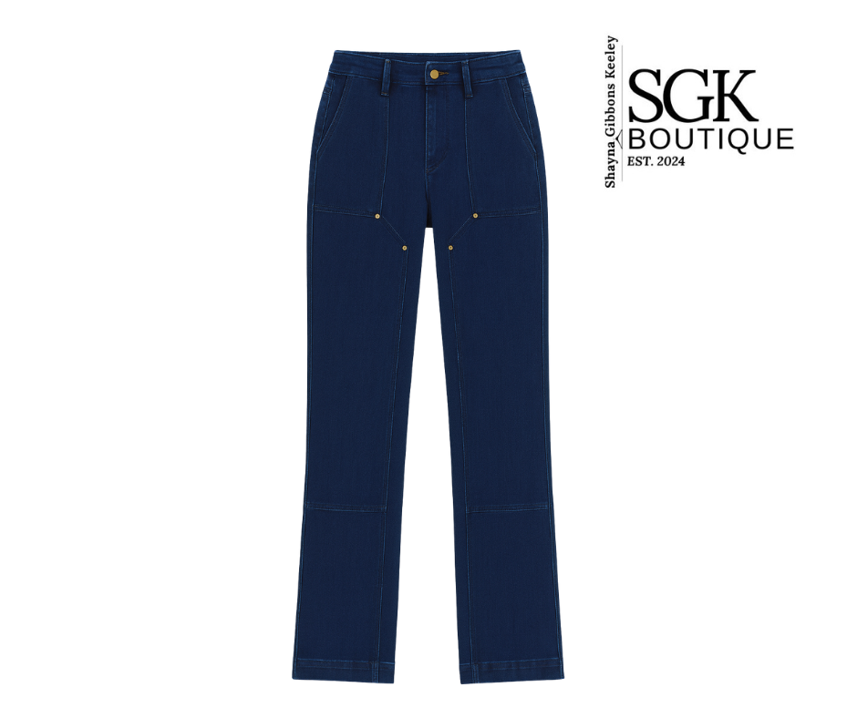 Navy blue pants on a white background with SGK Boutique logo.