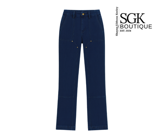 Navy blue pants on a white background with SGK Boutique logo.
