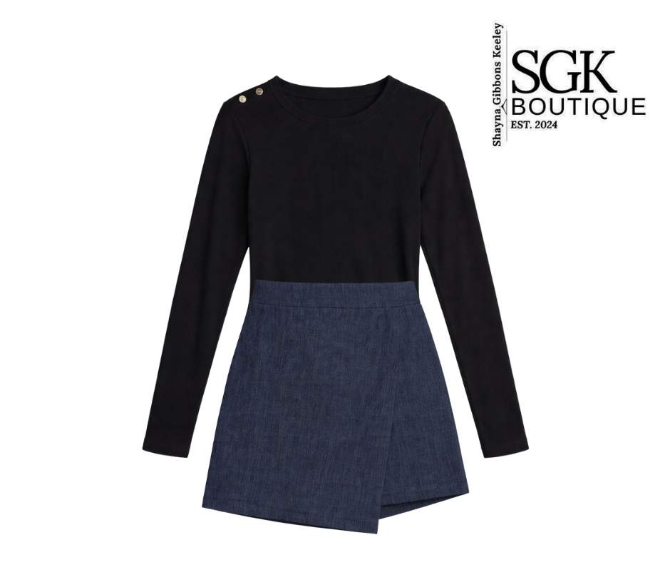 Black long-sleeve top and blue denim skirt set with SGK Boutique branding.