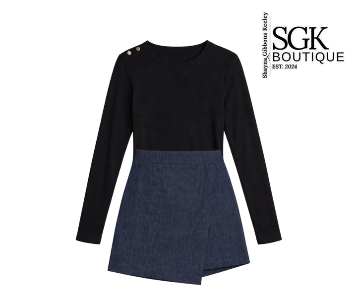 Black long-sleeve top and blue denim skirt set with SGK Boutique branding.