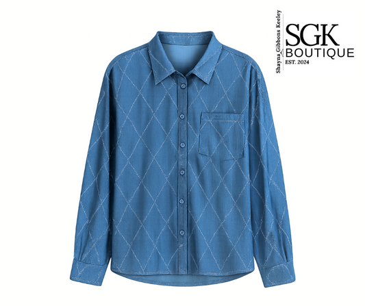 Blue diamond pattern shirt on a white background with SGK Boutique logo.