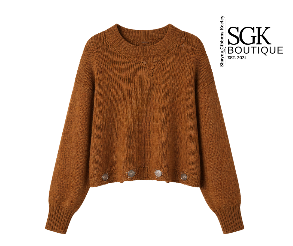 Brown sweater with button details on a white background, featuring SGK Boutique logo.