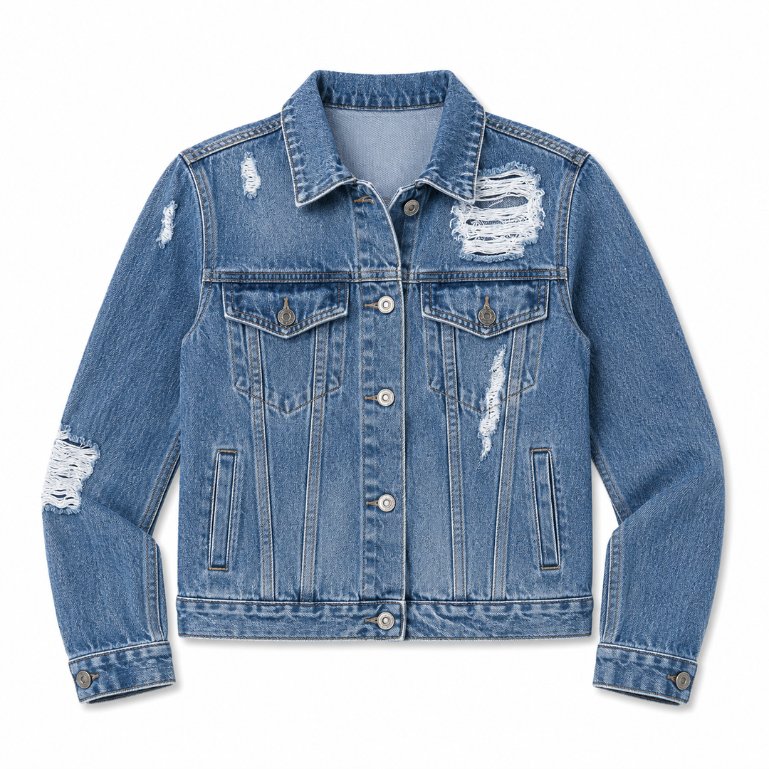 Blue denim jacket with distressed details on a white background