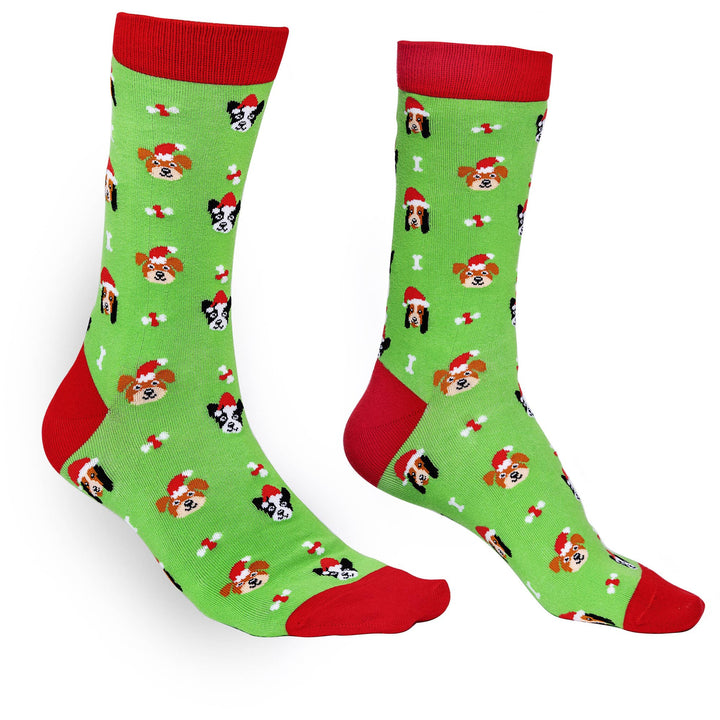 Green socks with red accents featuring dog patterns on a white background