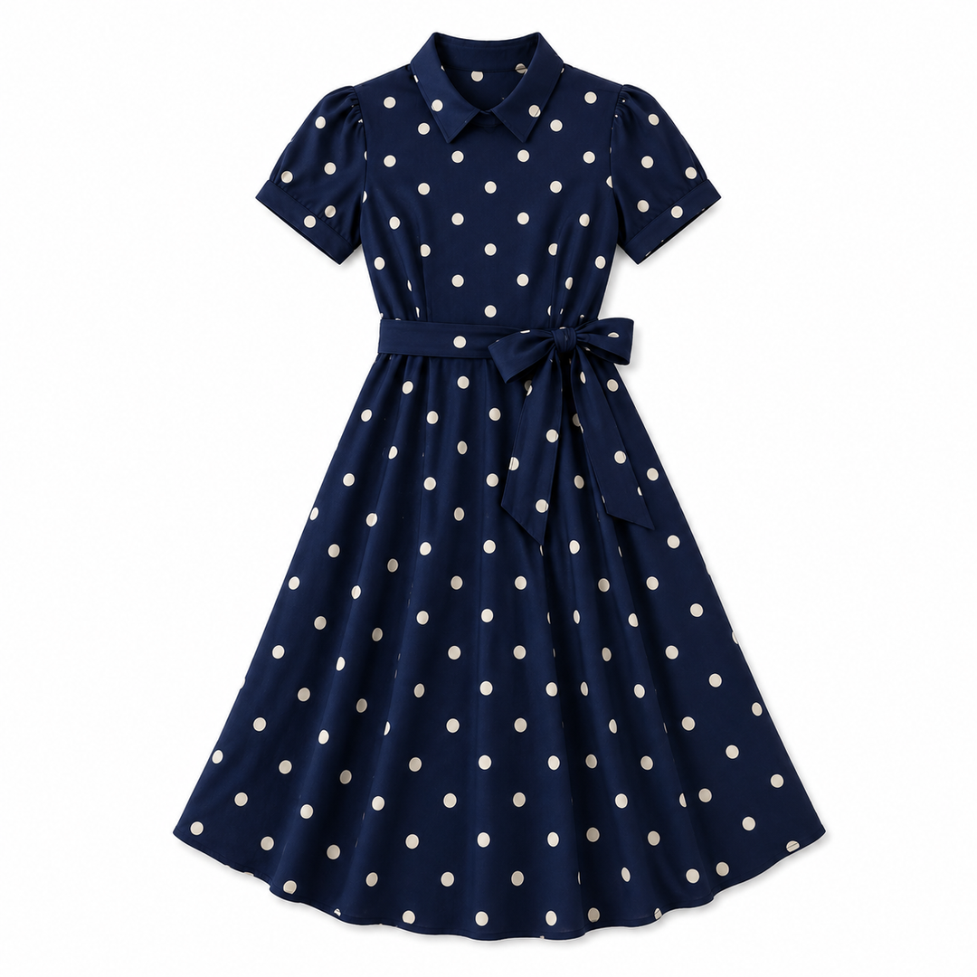 Navy dress with white polka dots on a white background