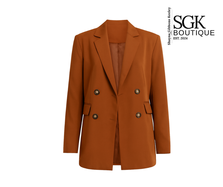 Rust blazer with gold buttons on a white background, featuring SGK Boutique logo.