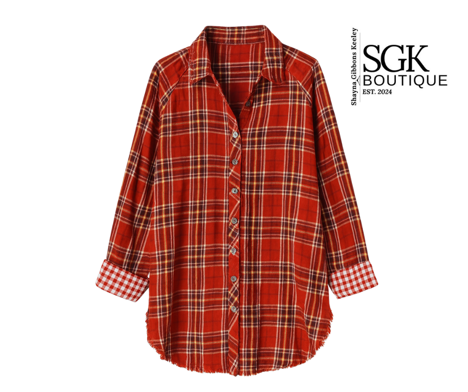 Burgundy plaid shirt on a white background with SGK Boutique logo.