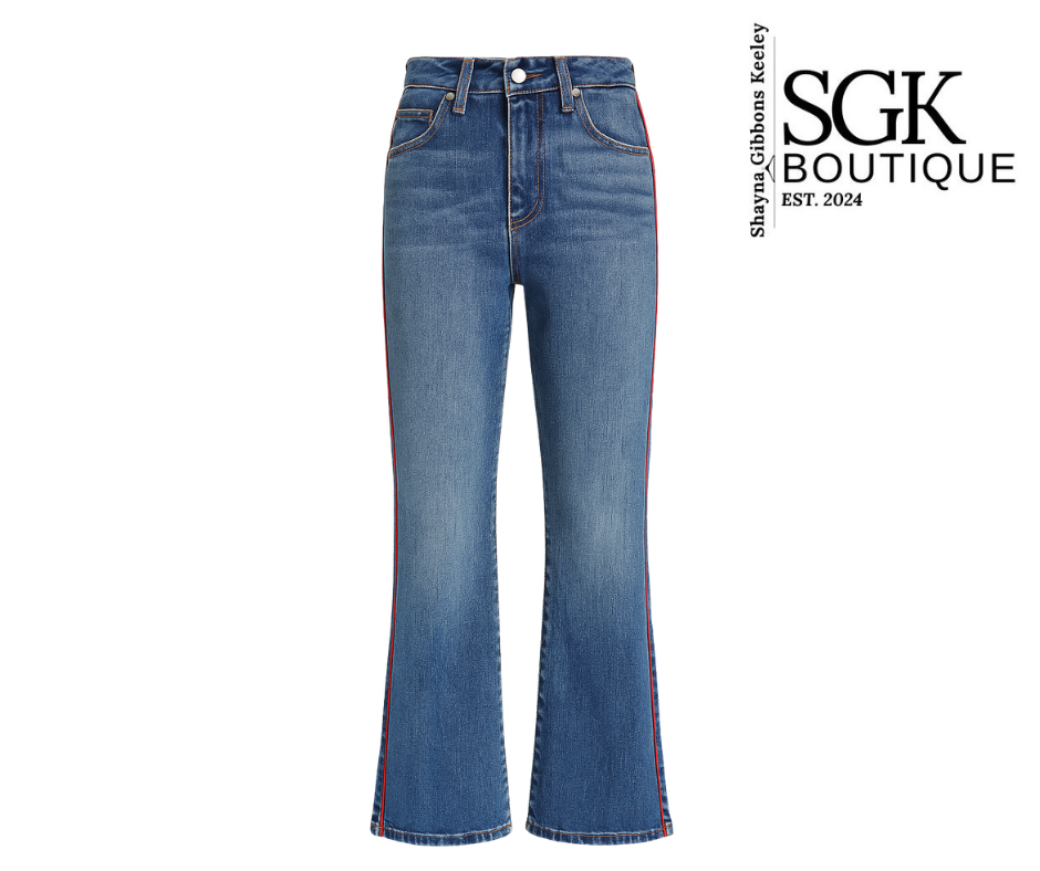 Blue jeans with red accents on a white background, featuring the SGK Boutique logo.