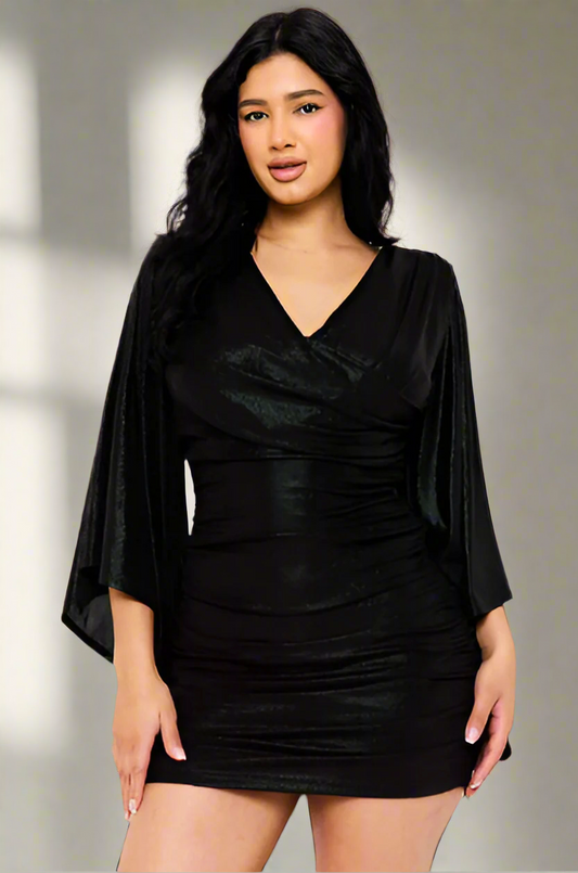 FINAL SALE: METALLIC BELL SLEEVE RUCHED DRESS