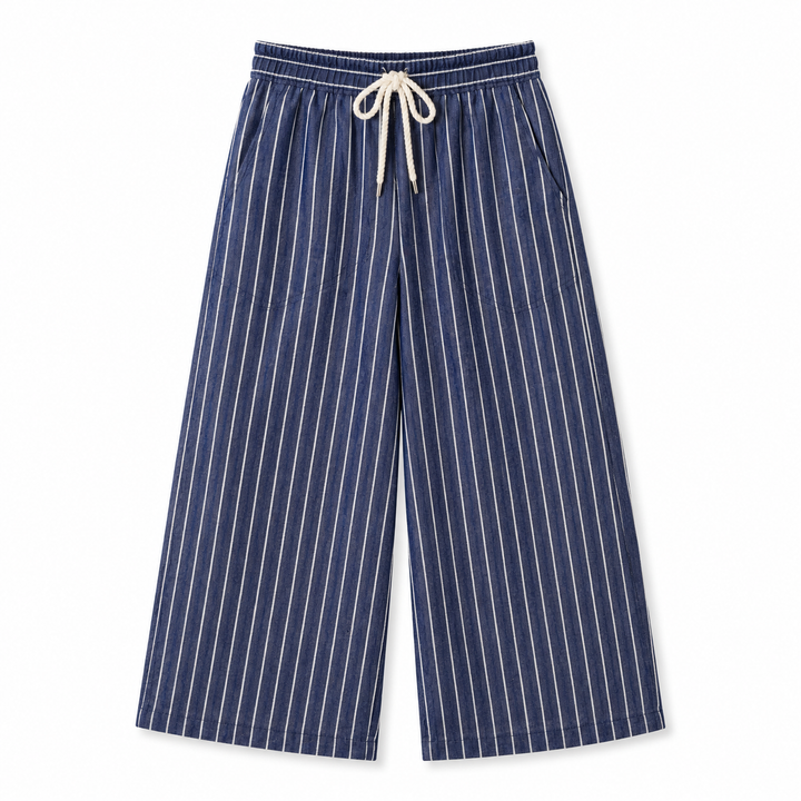 Navy blue and white striped pants with a drawstring on a white background