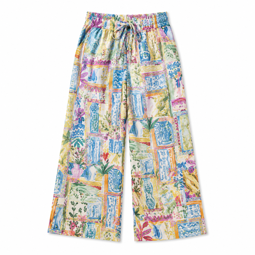 Colorful patterned pants on a white background