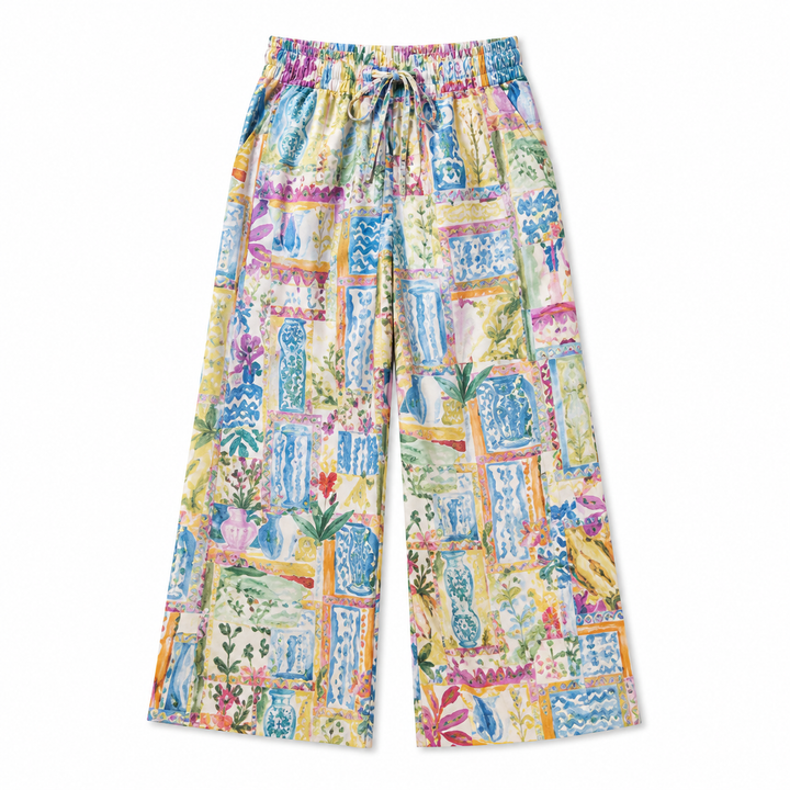 Colorful patterned pants on a white background