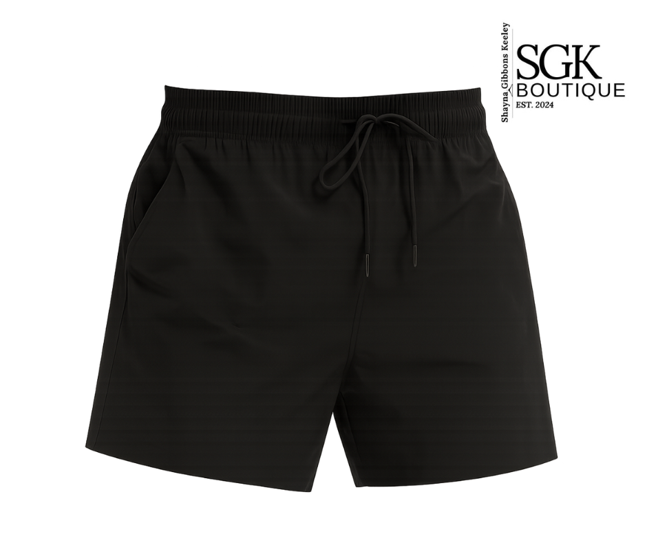 Black shorts with drawstring on a white background, featuring the SGK Boutique logo.