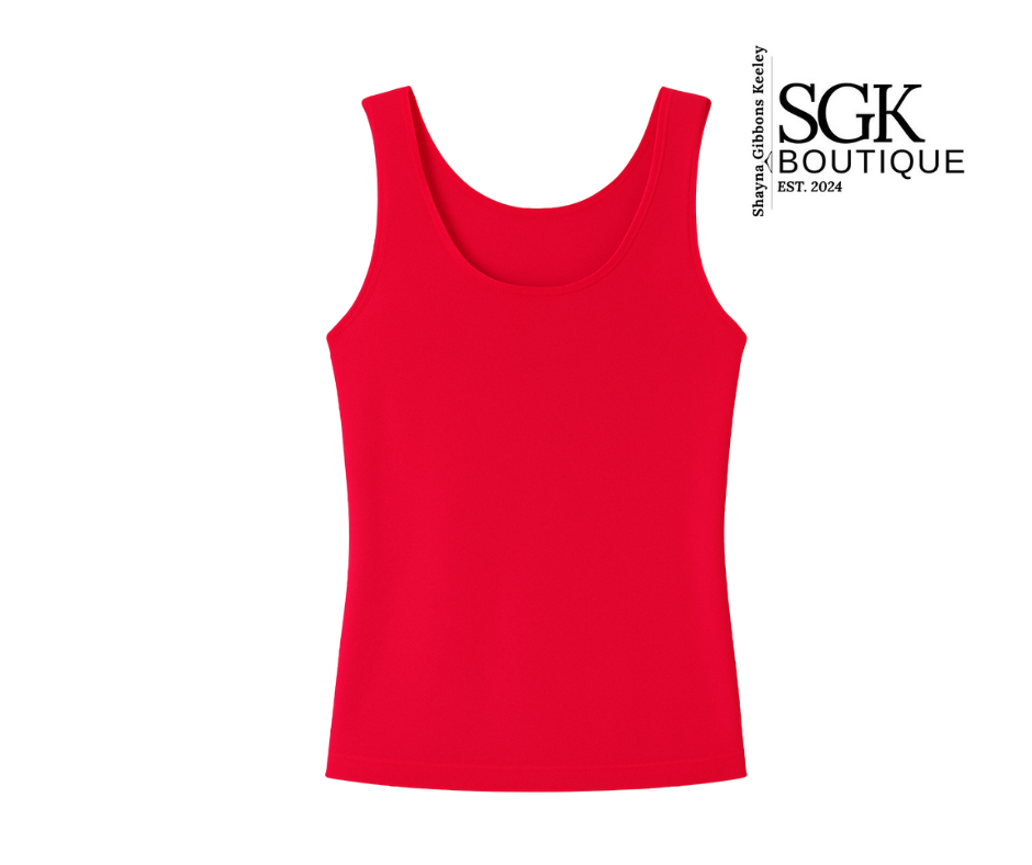 Red tank top on a white background with SGK Boutique logo.