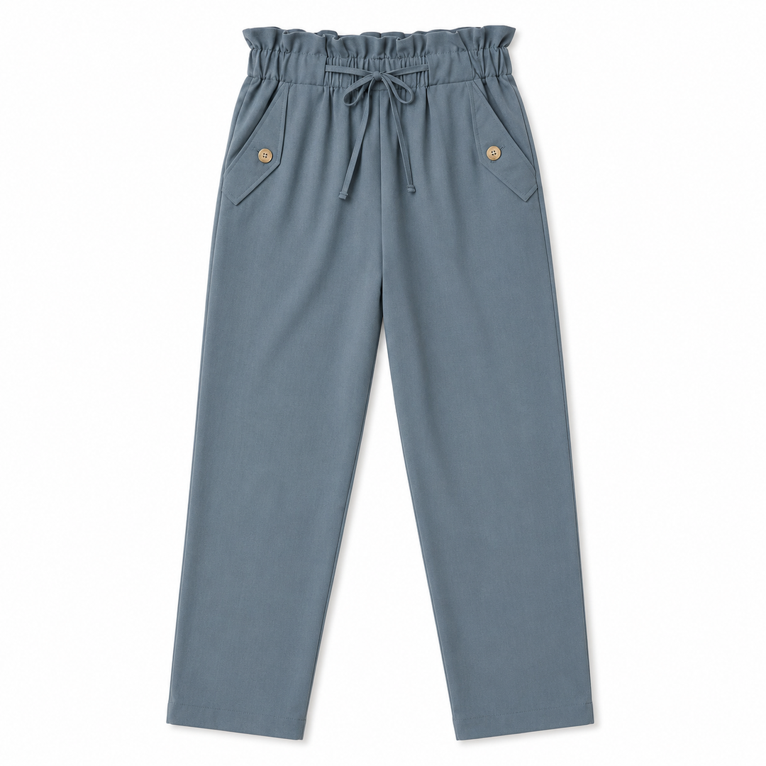 Blue pants with drawstring waist on a white background