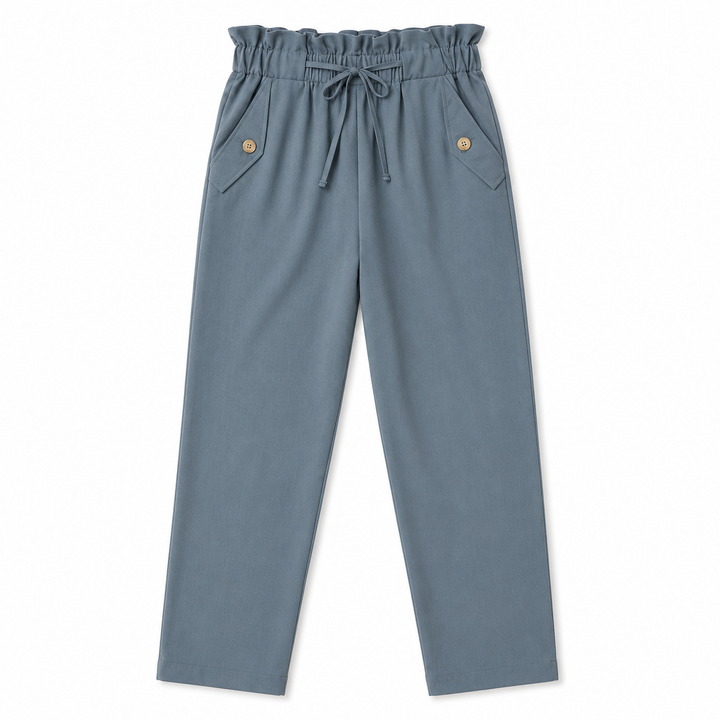 Blue pants with drawstring waist on a white background