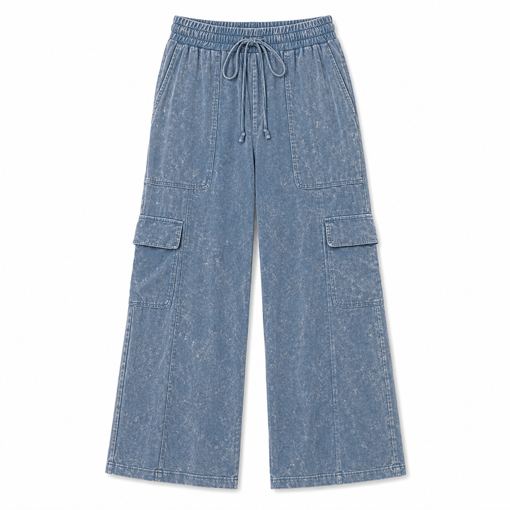 Blue denim cargo pants on a white background