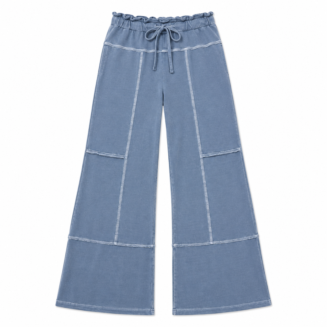 Blue wide-leg pants with drawstring waist on a white background