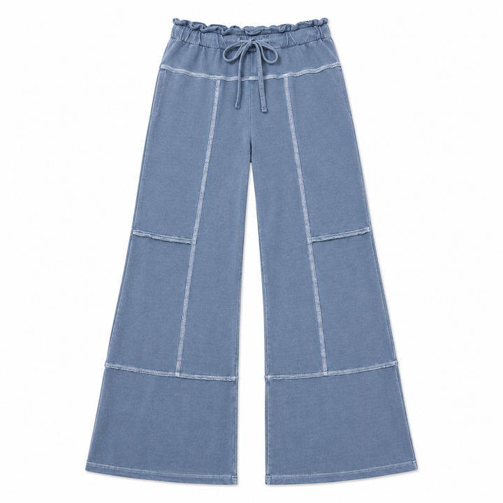 Blue wide-leg pants with drawstring waist on a white background