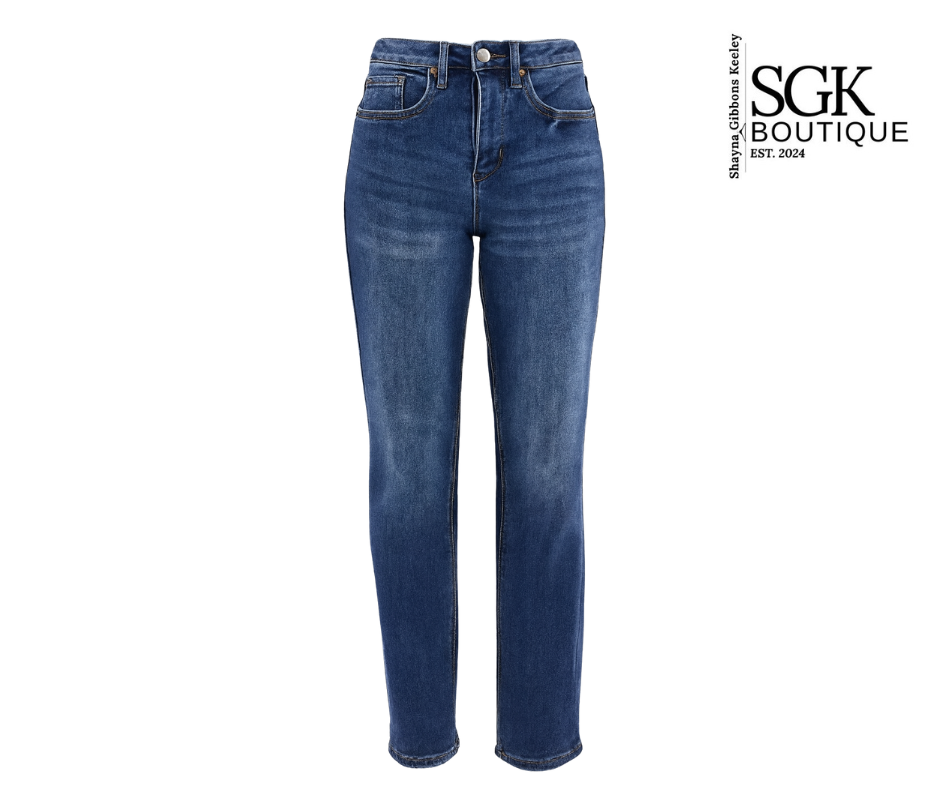 Blue jeans on a white background with SGK Boutique logo.
