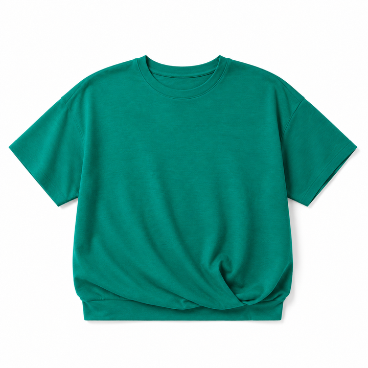 A solid green short-sleeve crewneck t-shirt with a relaxed fit, laid flat against a clean white background.