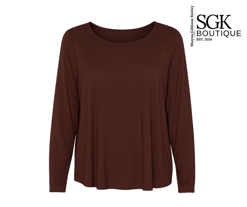 Brown long-sleeve top on a white background with SGK Boutique logo.