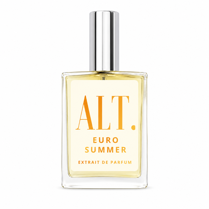 A rectangular glass bottle of ALT. EURO SUMMER Extrait de Parfum with a silver cap, containing a pale yellow liquid and featuring a cream-colored label with orange text.