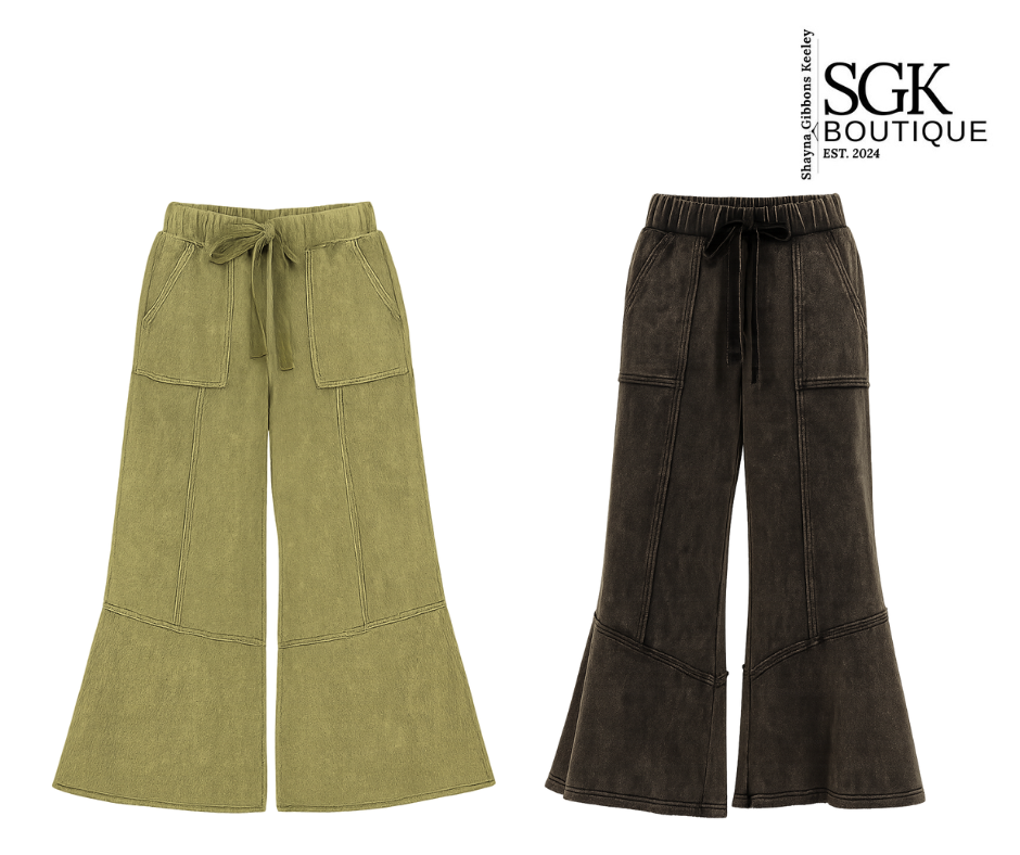 Two pairs of wide-leg pants, one green and one green, on a white background with SGK Boutique logo.