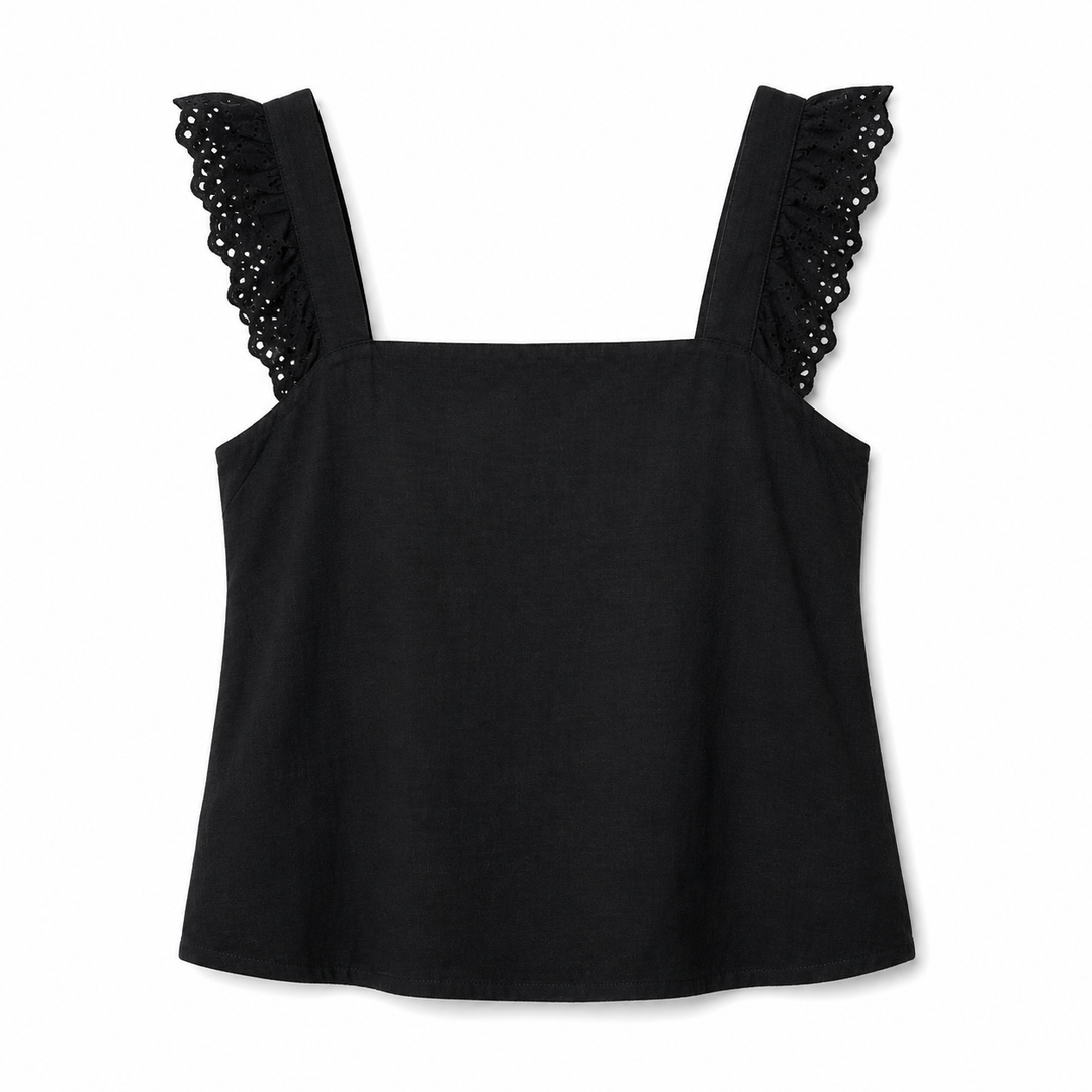 Black tank top with lace straps on a white background