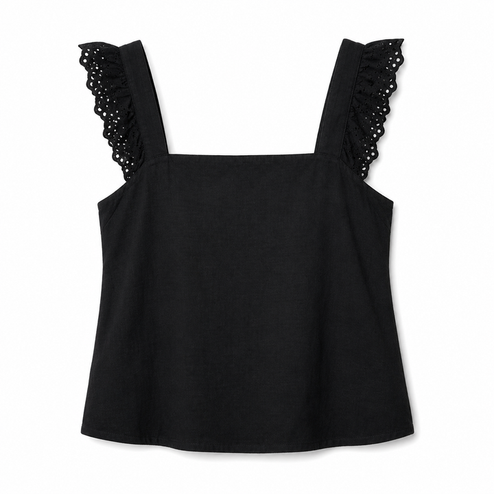Black tank top with lace straps on a white background